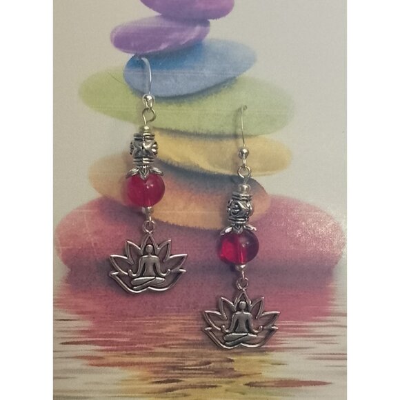 YOGA EARRINGS, Silvery BALI BEADS, RED Accents - Picture 5 of 8